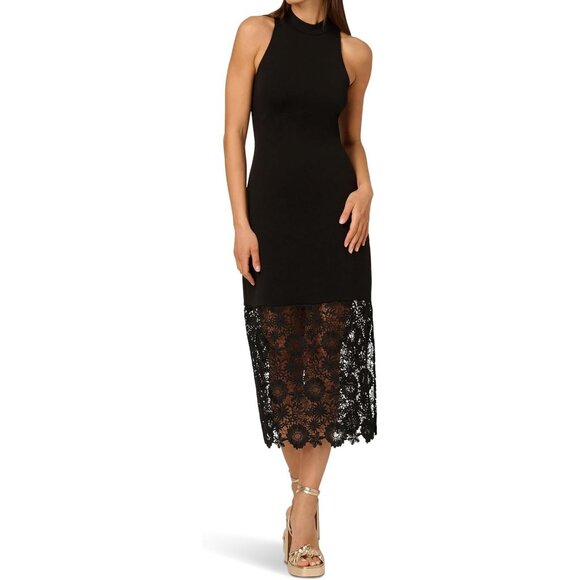 Adrianna Papell Womens Knit Zipper Midi Dress Lace Black Size 8 NWT - Picture 1 of 4